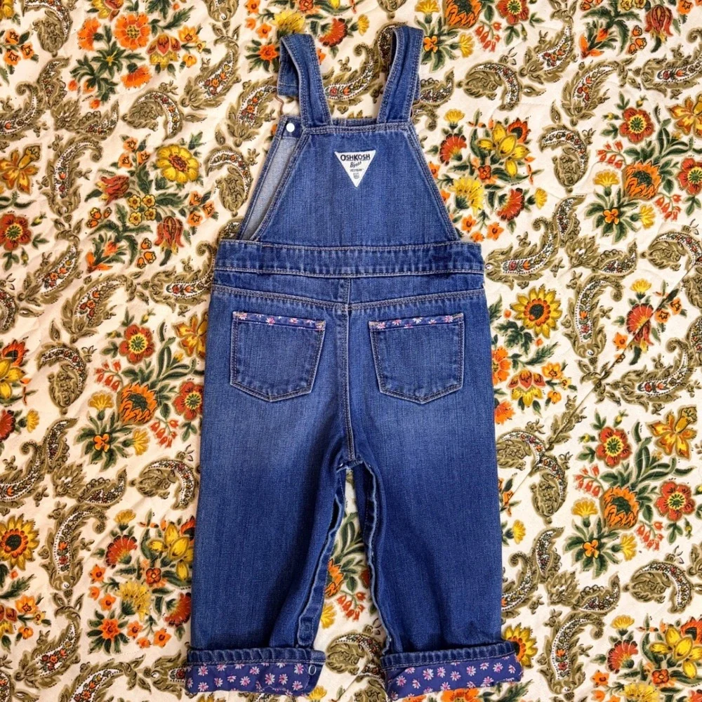 OshKosh Bgosh Denim Overalls‎ Baby Toddler Blue Floral Trim Size 24 Months